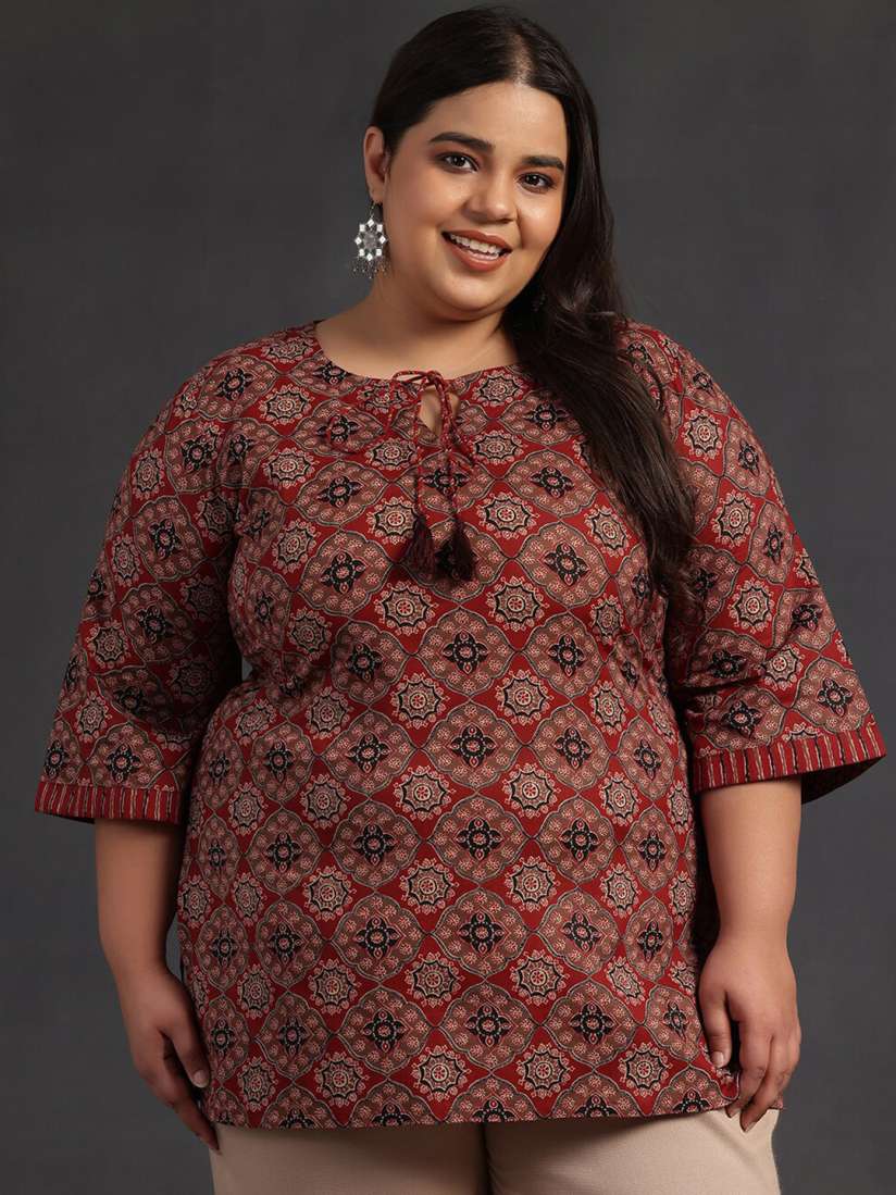 Buy EXTRA LOVE BY LIBAS Plus Size Ethnic Motifs Printed Tie Up Neck Pure Cotton Straight Kurti Kurtis for Women 28609472 Myntra