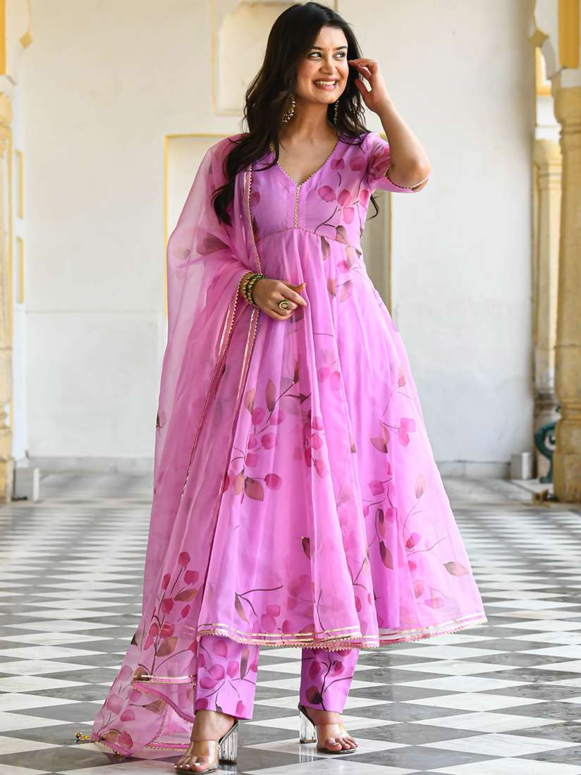 Buy KALINI Floral Printed V Neck Anarkali Organza Kurta with Trousers Dupatta Kurta Sets for Women 28611422 Myntra