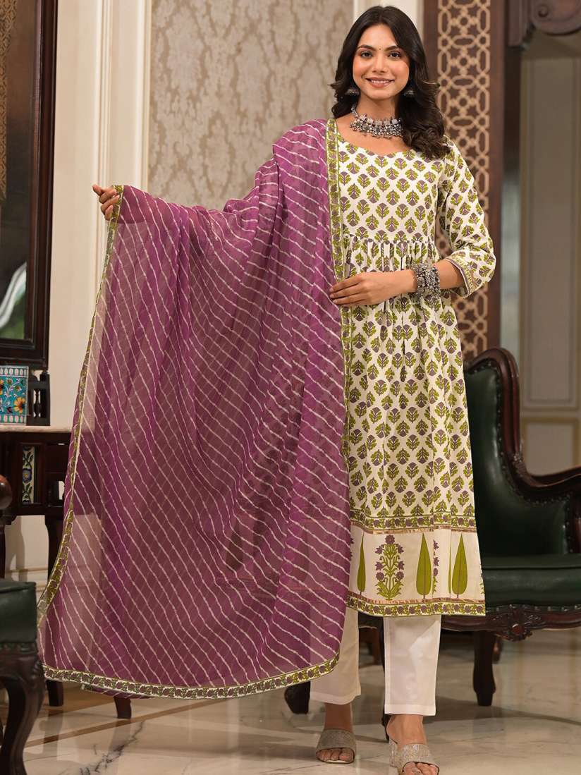 Buy Vishudh White Floral Printed Pleated Pure Cotton Kurta with Trouser Dupatta Kurta Sets for Women 28677012 Myntra