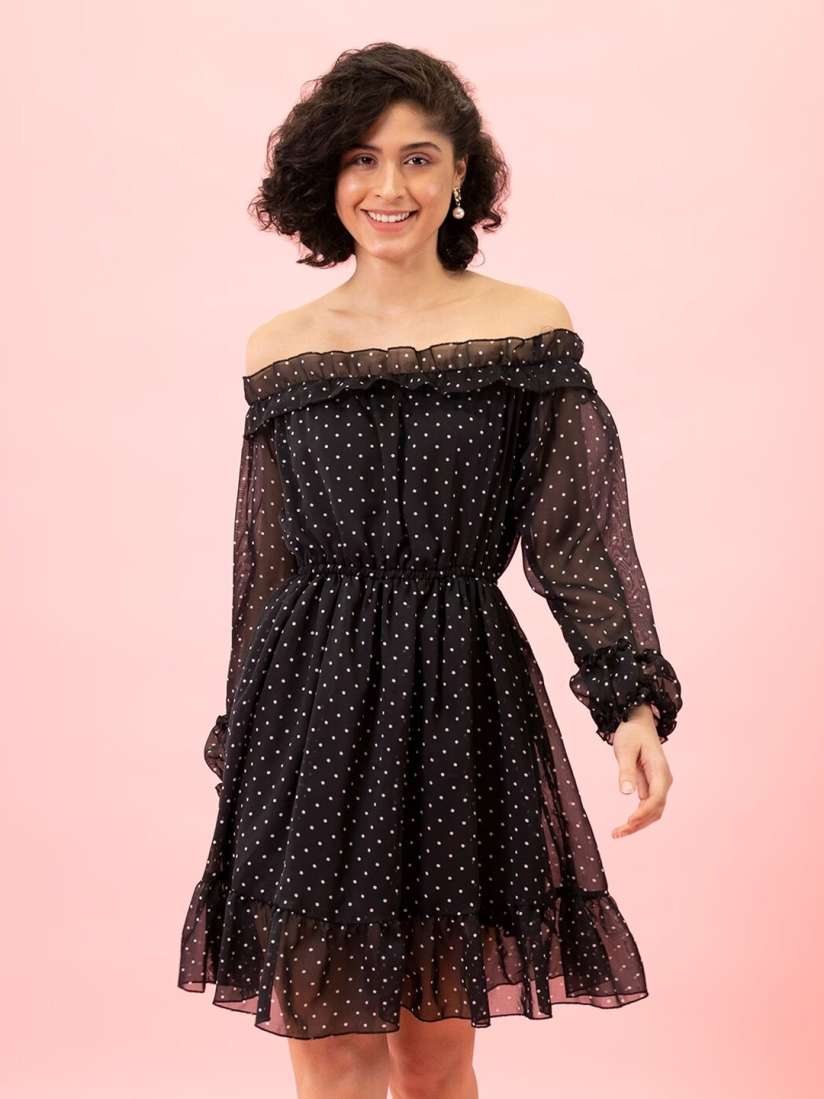 Buy BUY NEW TREND Polka Dot Printed Off Shoulder Fit Flare Above Knee Dress Dresses for Women 28693070 Myntra
