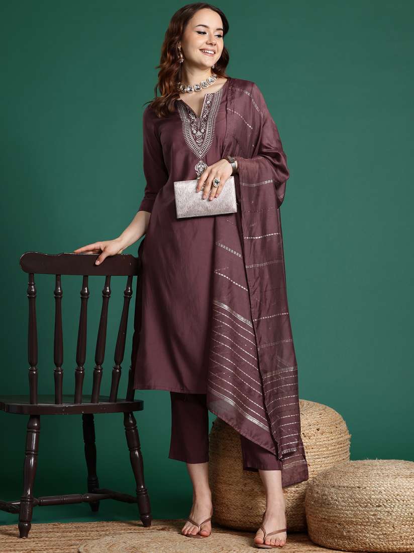 Buy Sangria Embroidered Straight Kurta Set With Dupatta Kurta Sets for Women 28718792 Myntra