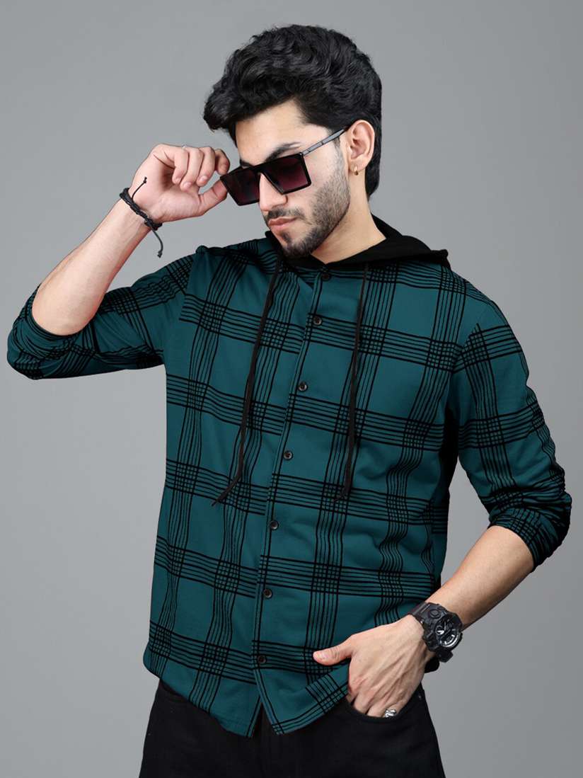 Buy Eyebogler Checked Hooded Long Sleeves Cotton Shirt Shirts