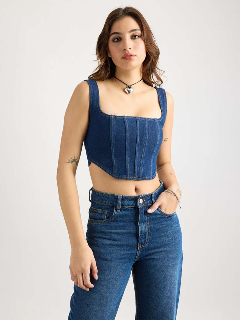 Buy FREAKINS Blue Self Design Cotton Crop Fitted Denim Top Tops for Women 28811478 Myntra