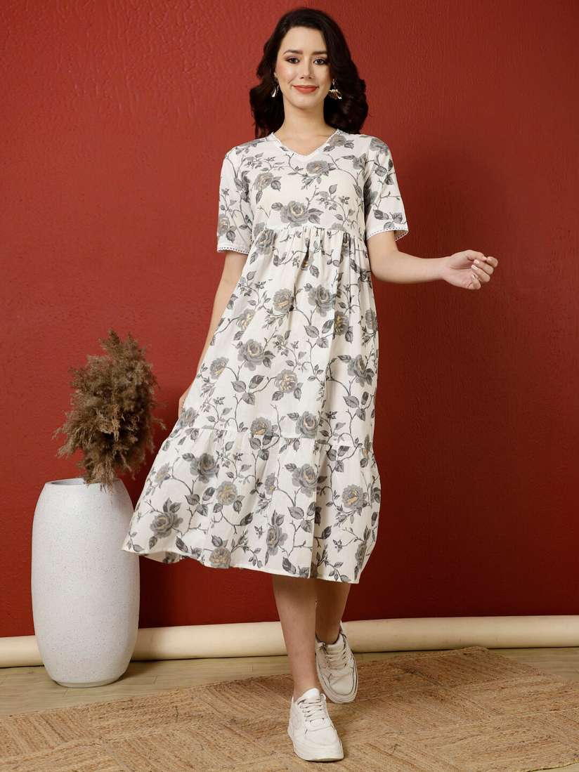 Floral V Neck Full Midi Dress Antaran Floral Printed V-Neck