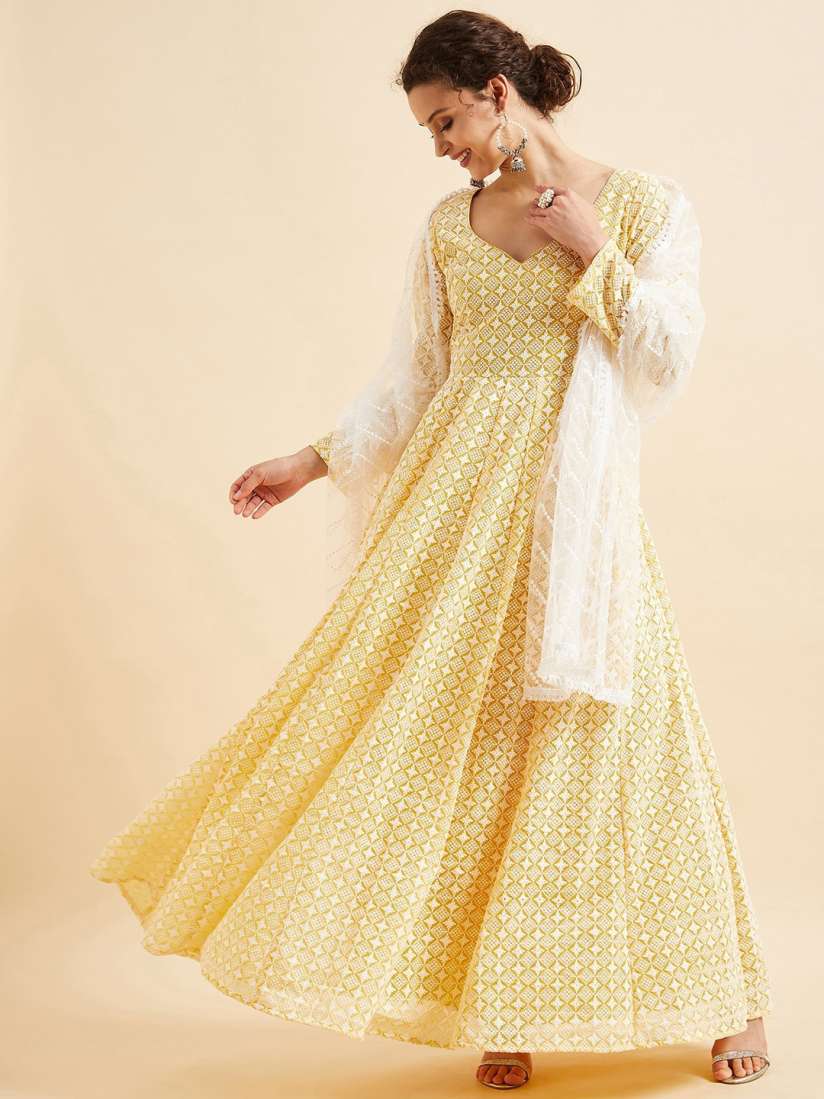 Buy PANIT Yellow Ethnic Motifs Embroidered Georgette Fit Flare Ethnic Dress With Dupatta Ethnic Dresses for Women 28822490 Myntra