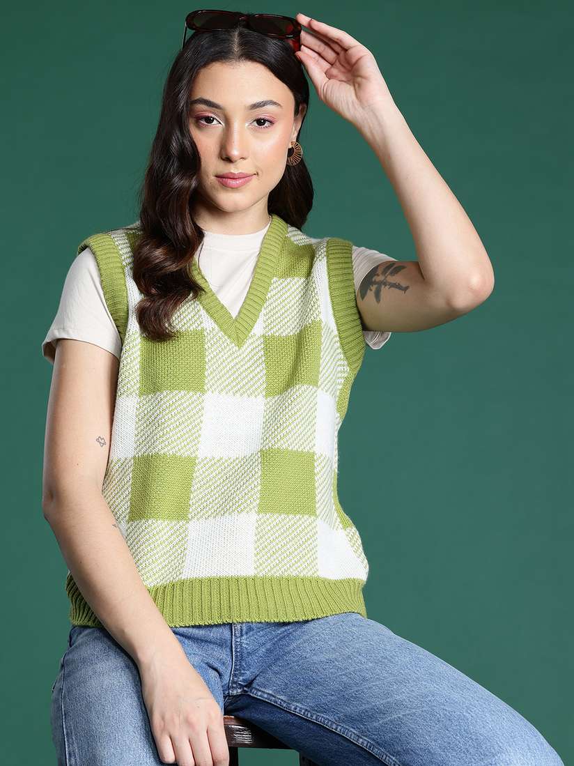 Green Checkered Sweater Vest Buy DressBerry Checked Sweater