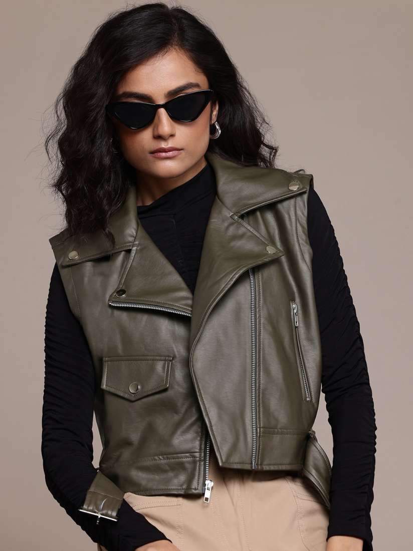 Buy The Roadster Lifestyle Co. Faux Leather Sleeveless Biker Jacket with Belt Jackets for Women 28872156 Myntra