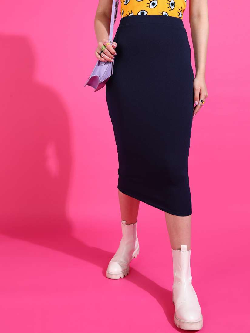 Buy Veni Vidi Vici Navy Blue Straight Slip On Bodycon Pencil Midi Skirt Skirts for Women 28881822 Myntra
