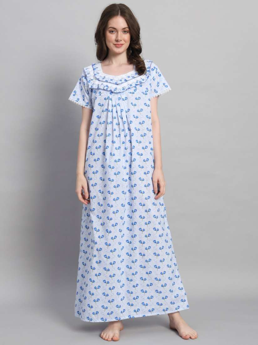 Buy SEPHANI Floral Printed Square Neck Pure Cotton Maxi Nightdress Nightdress for Women 28896980 Myntra