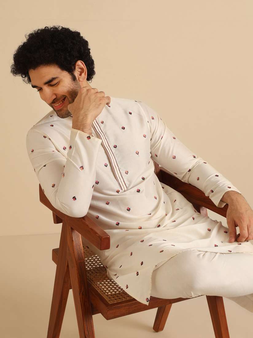 Buy KISAH Floral Embroidered Regular Thread Work Straight Kurta With Churidar Kurta Sets for Men 28906678 Myntra