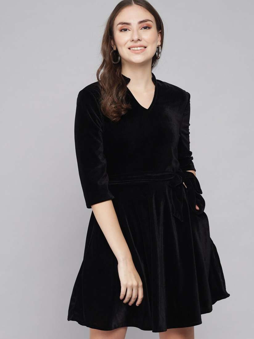 Buy VAARARO Tie Ups Velvet Fit Flare Dress Dresses for Women 28967526 Myntra