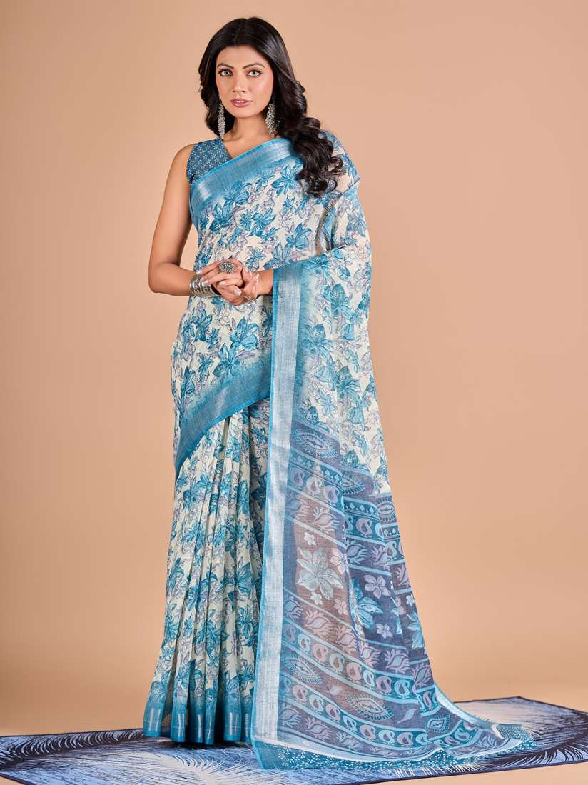 Buy VIRICA Floral Printed Zari Pure Linen Saree Sarees for Women 28974340 Myntra