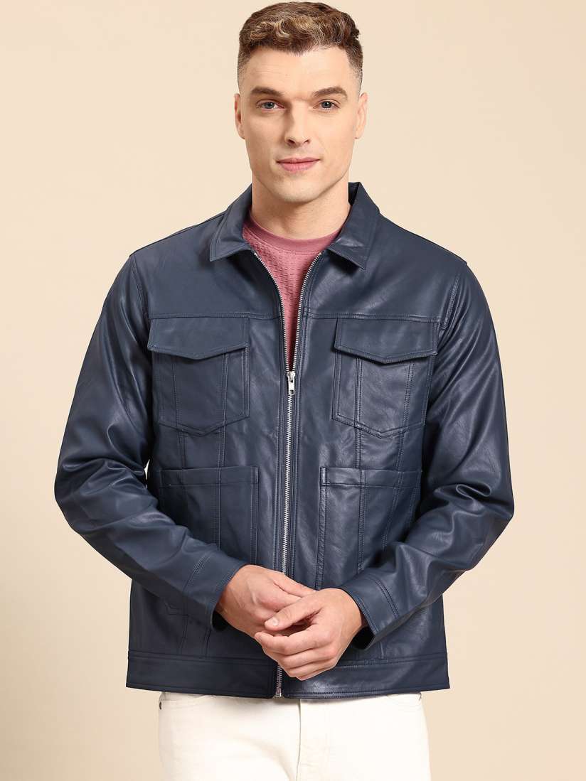 Navy blue faux leather jacket clearance