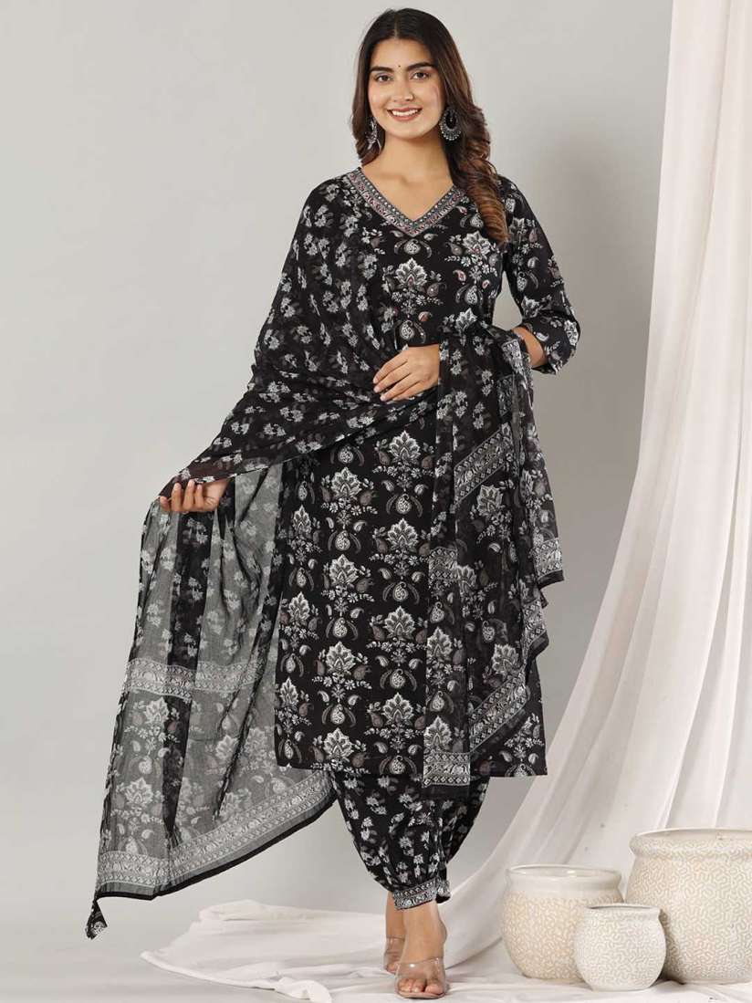 Buy KALINI Floral Printed V Neck Sequinned Pure Cotton Kurta with Salwar Dupatta Kurta Sets for Women 28988200 Myntra