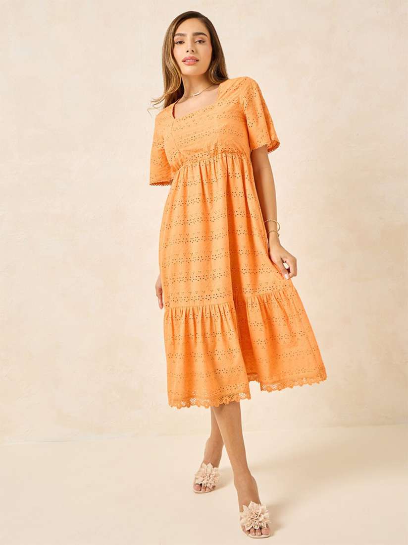 Buy Styli Half Sleeves Self Design Square Neck Cotton A Line Midi Dress Dresses for Women 29011302 Myntra