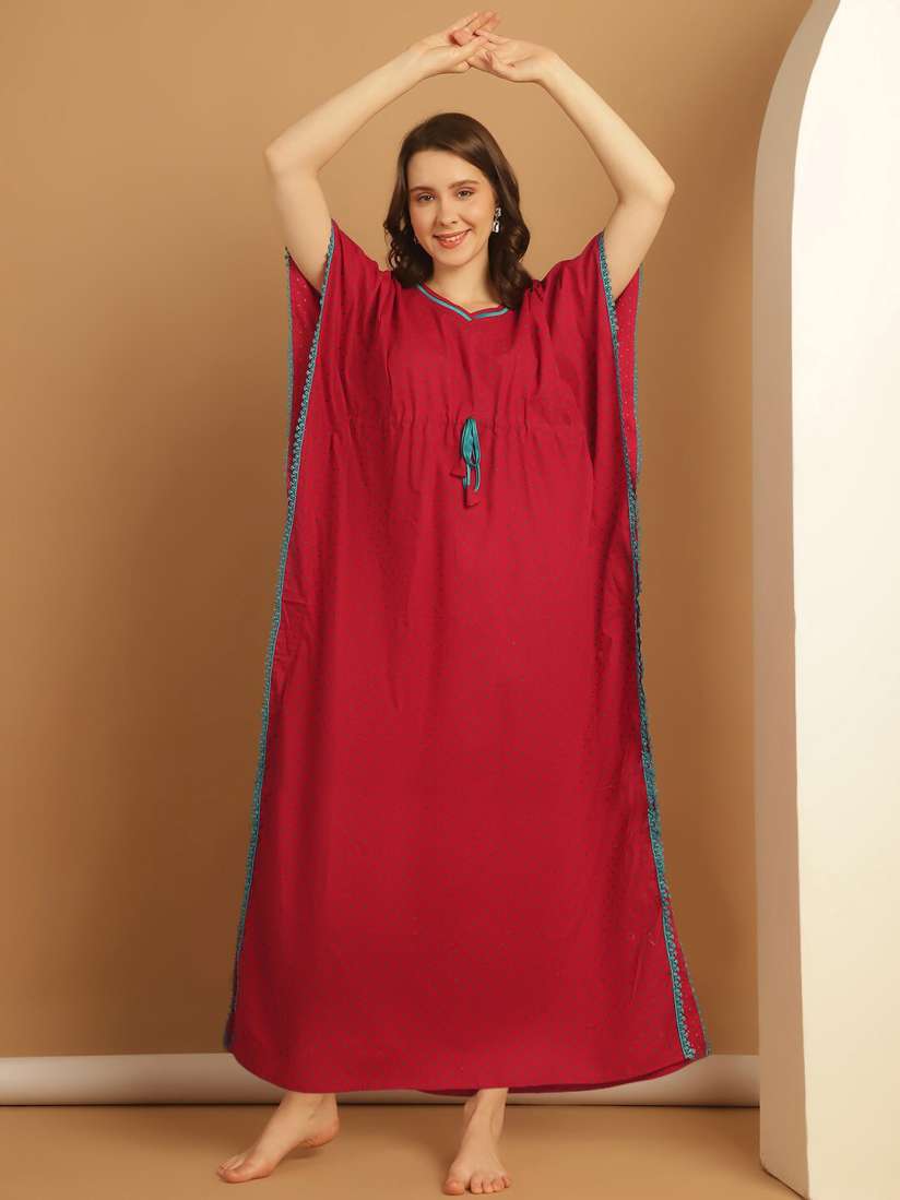 Buy Secret Wish Polka Dots Printed V Neck Pure Cotton Maxi Kaftan Nighty Nightdress for Women 29014222 Myntra