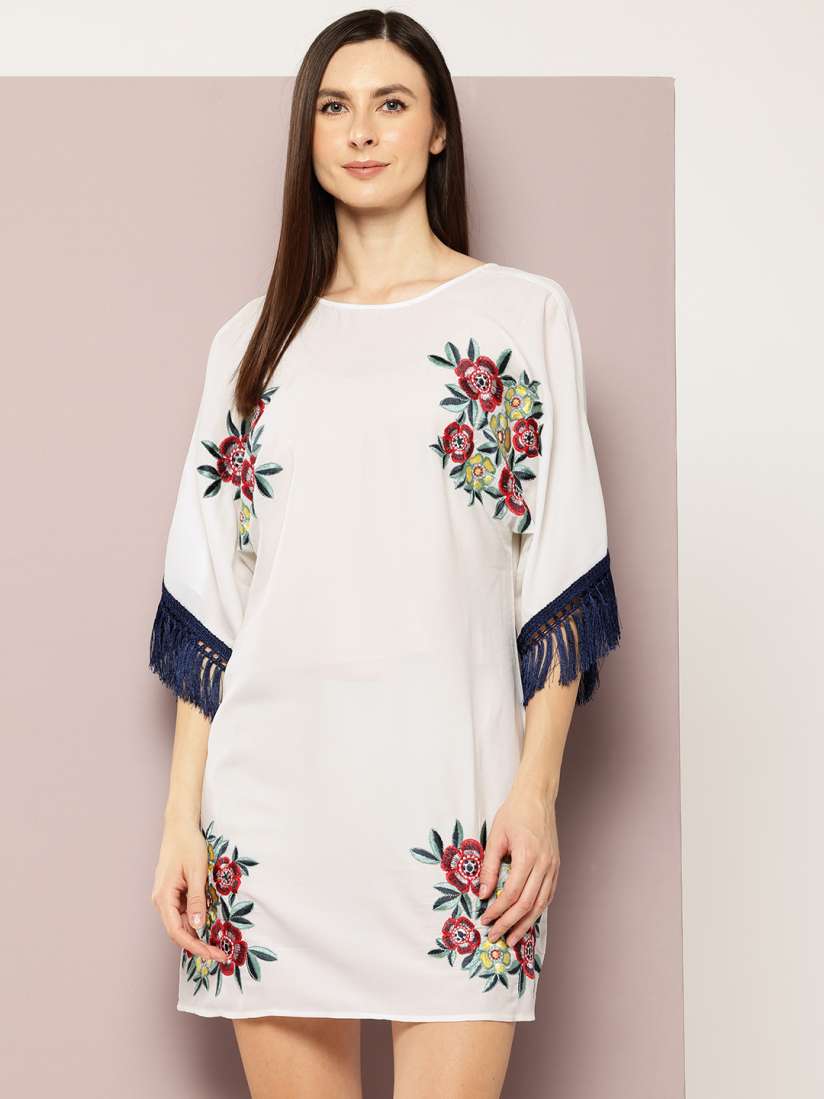 Buy aaliya Floral Embroidered Flared Sleeve Fringed A Line Mini Dress Dresses for Women 29058846 Myntra