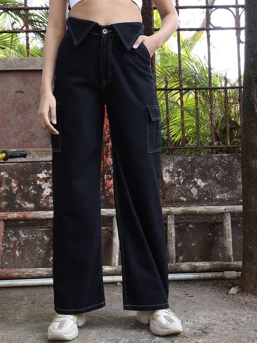 Buy The Roadster Lifestyle Co. Women Black Clean Look Cargo Styles Relaxed Fit Jeans Jeans for Women 29074078 Myntra