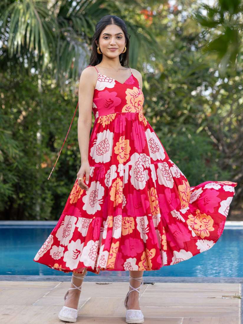 Buy Ambraee Floral Printed Sleeveless Cotton Tiered Fit Flare Maxi Dress Dresses for Women 29084096 Myntra
