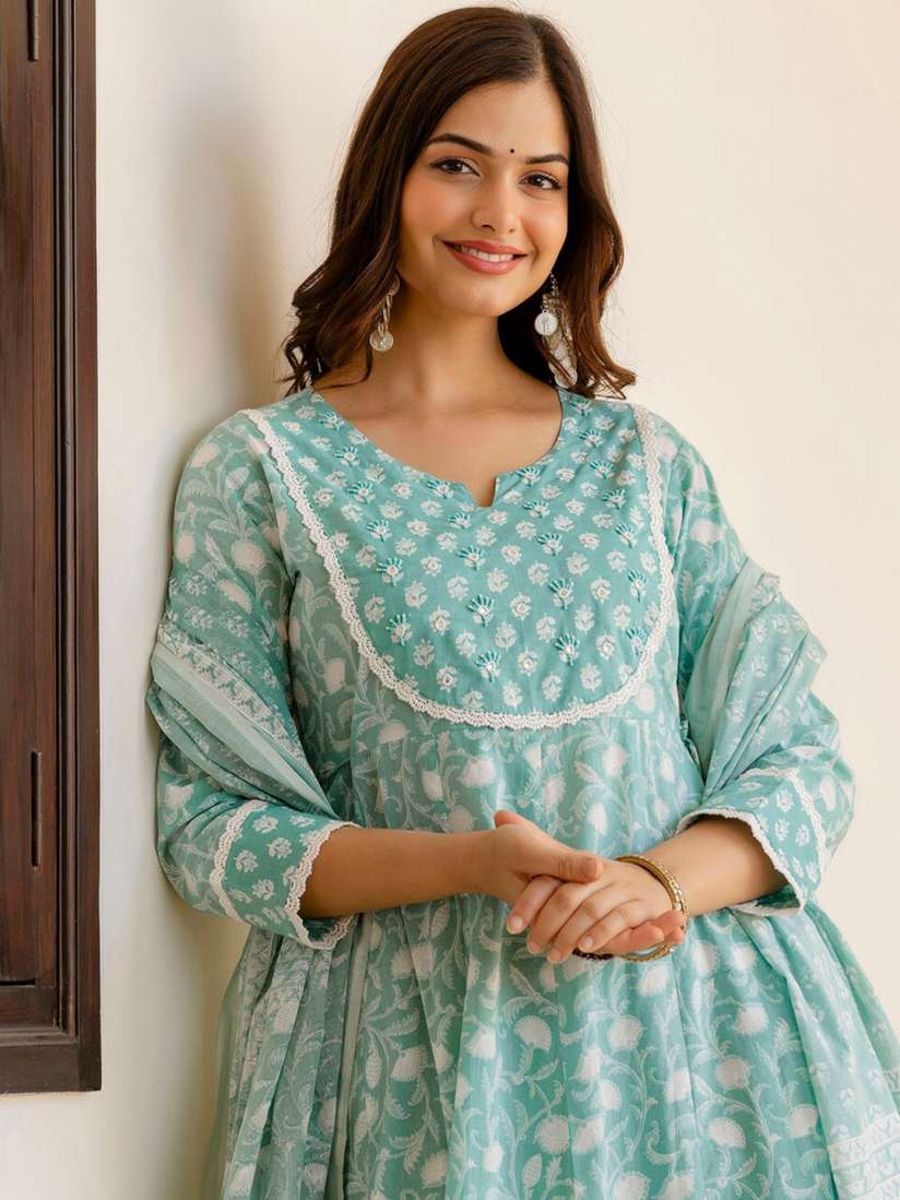 Buy Anouk Floral Printed Regular Pure Cotton Anarkali Kurta With Trousers Dupatta Kurta Sets for Women 29096460 Myntra