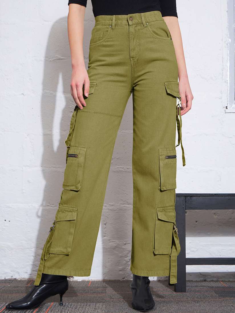 Buy SASSAFRAS Women Olive Green Straight Fit High Rise Clean Look Pure Cotton Cargo Jeans Jeans for Women 29121540 Myntra