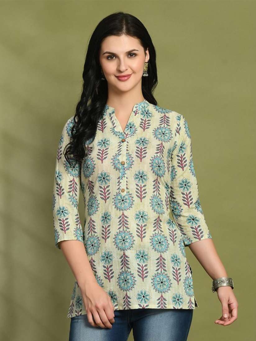 Buy FERANOID Floral Printed Mandarin Collar Three Quarter Sleeves Pure Cotton Short Kurti Kurtis for Women 29132960 Myntra