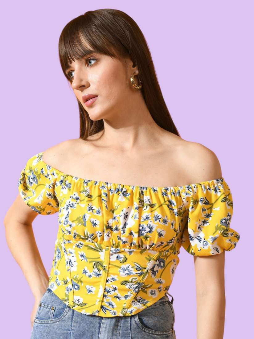 Yellow floral bardot top clearance