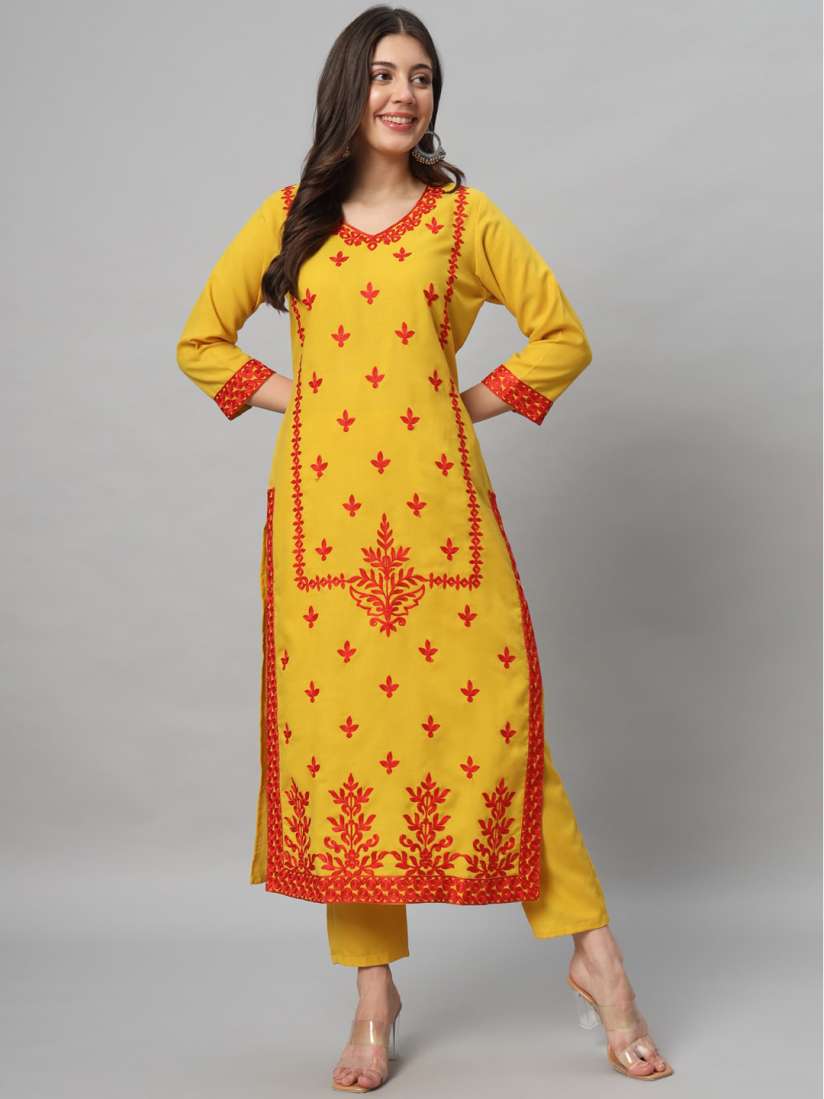 Buy SALWAT Floral Embroidered Regular Thread Work Pure Cotton Straight Kurta With Trousers Kurta Sets for Women 29136914 Myntra