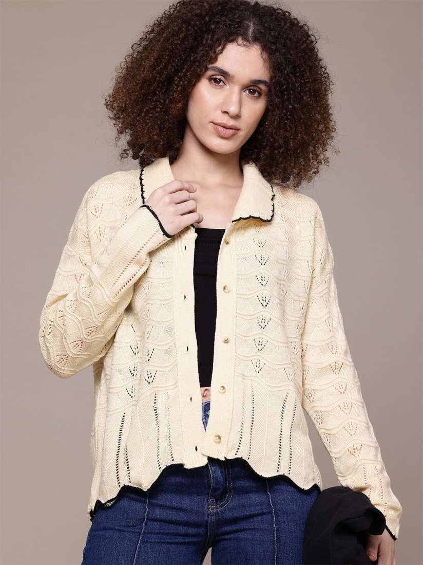 Buy The Roadster Lifestyle Co. Knitted Open Knit Cardigan Sweaters for Women 29140640 Myntra