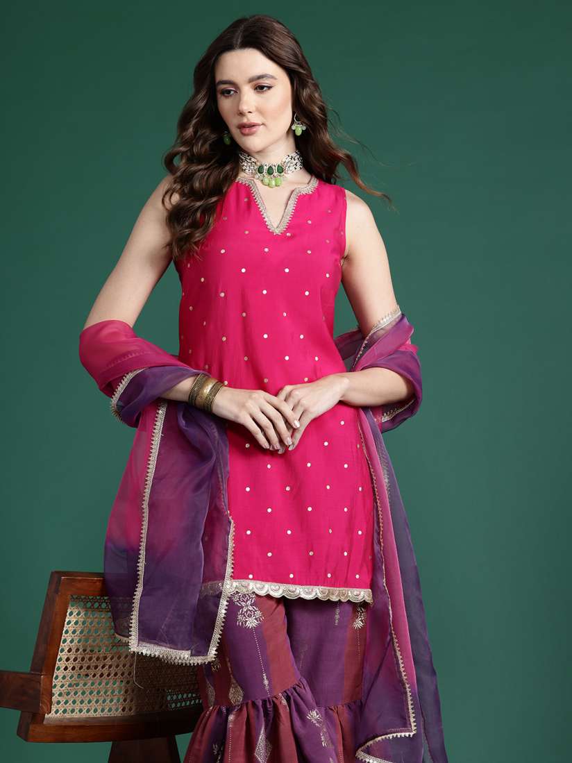 Buy Sangria Foil Ethnic Motifs Printed Gotta Patti Kurti with Sharara With Dupatta Kurta Sets for Women 29142268 Myntra