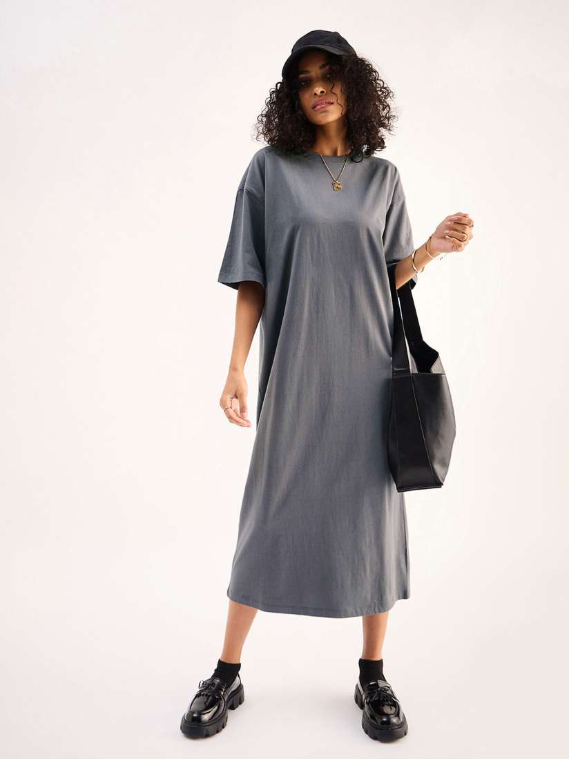 Buy SASSAFRAS BASICS Grey Drop Shoulder Sleeves Pure Cotton Oversized T shirt Midi Dress Dresses for Women 29148244 Myntra
