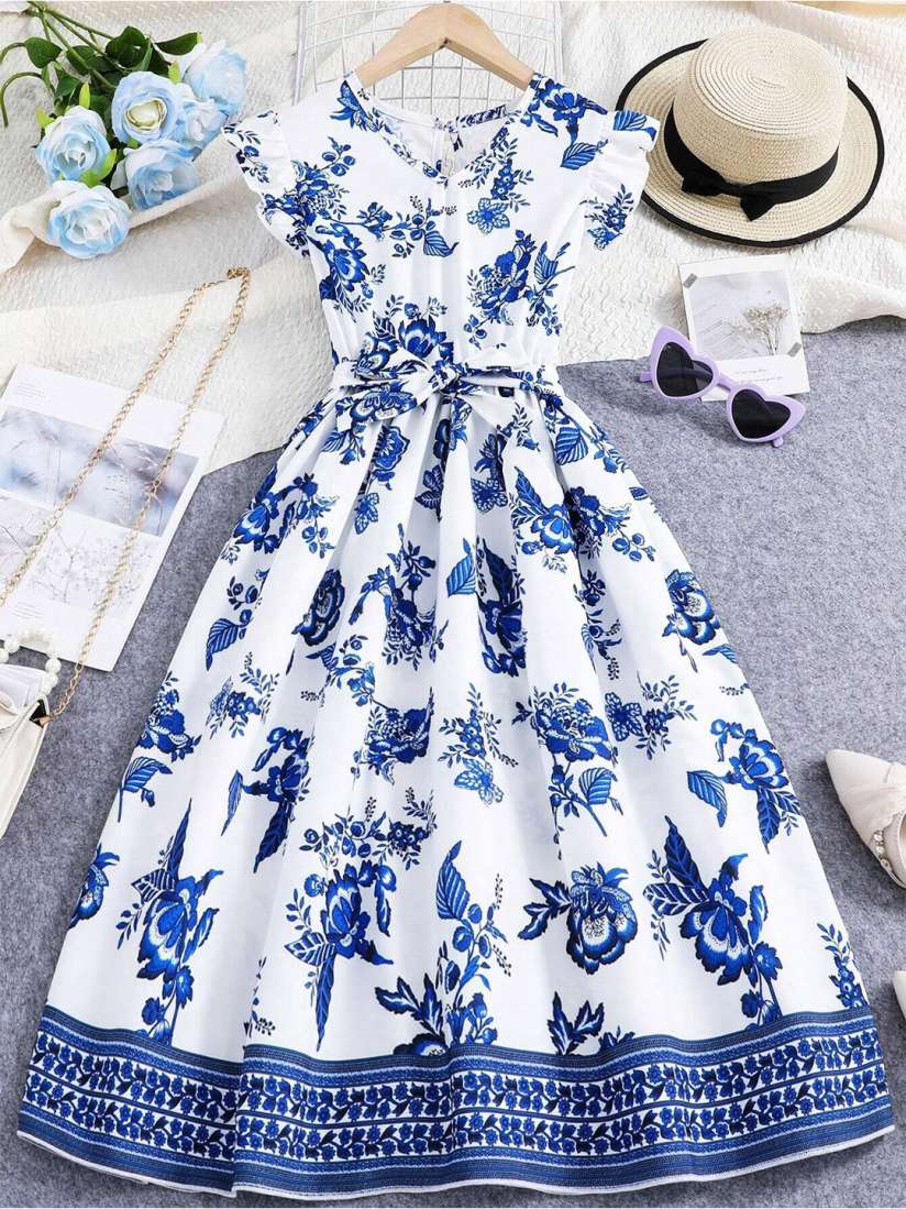 Buy BAESD Girls Floral Printed V Neck Gathered Detailed Fit Flare Dress With Belt Dresses for Girls 29163102 Myntra