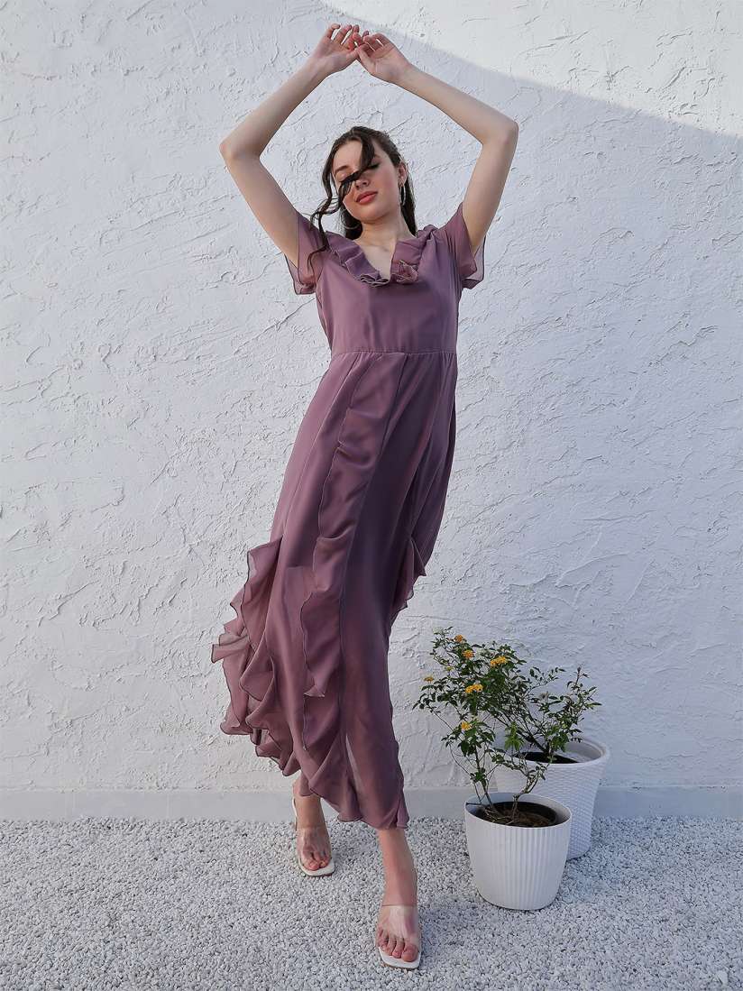 Buy Athena Mauve V Neck Flared Sleeve Ruffled Georgette Maxi Dress Dresses for Women 29164044 Myntra