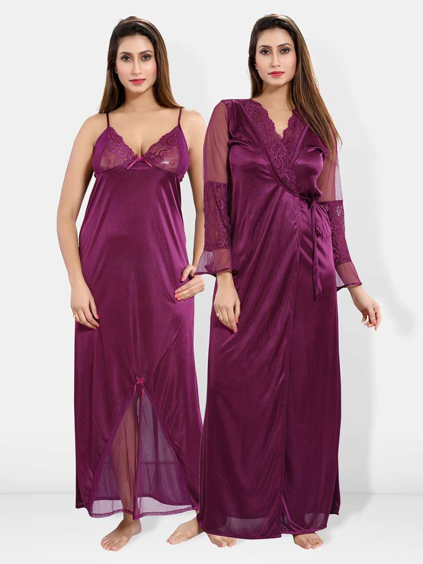 Buy Be You Shoulder Straps Satin Maxi Nightdress With Robe Nightdress for Women 29167688 Myntra