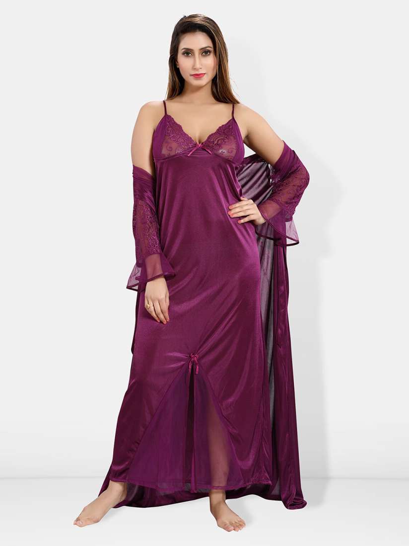 Buy Be You Shoulder Straps Satin Maxi Nightdress With Robe Nightdress for Women 29167688 Myntra