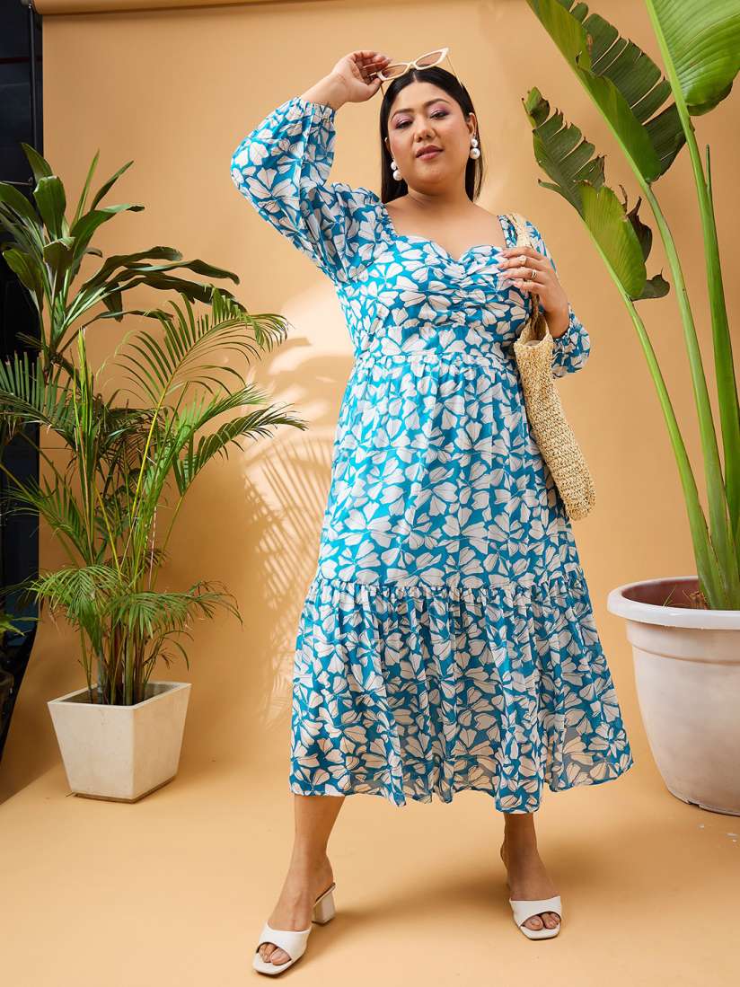 Plus size blue floral dress clearance