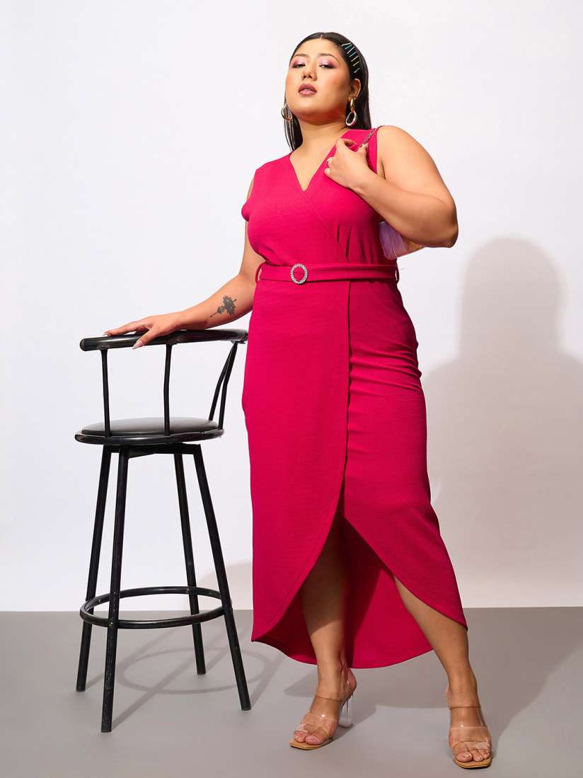 Buy SASSAFRAS Curve Plus Size V Neck Sleeveless Midi Wrap Dress With Belt Dresses for Women 29182654 Myntra