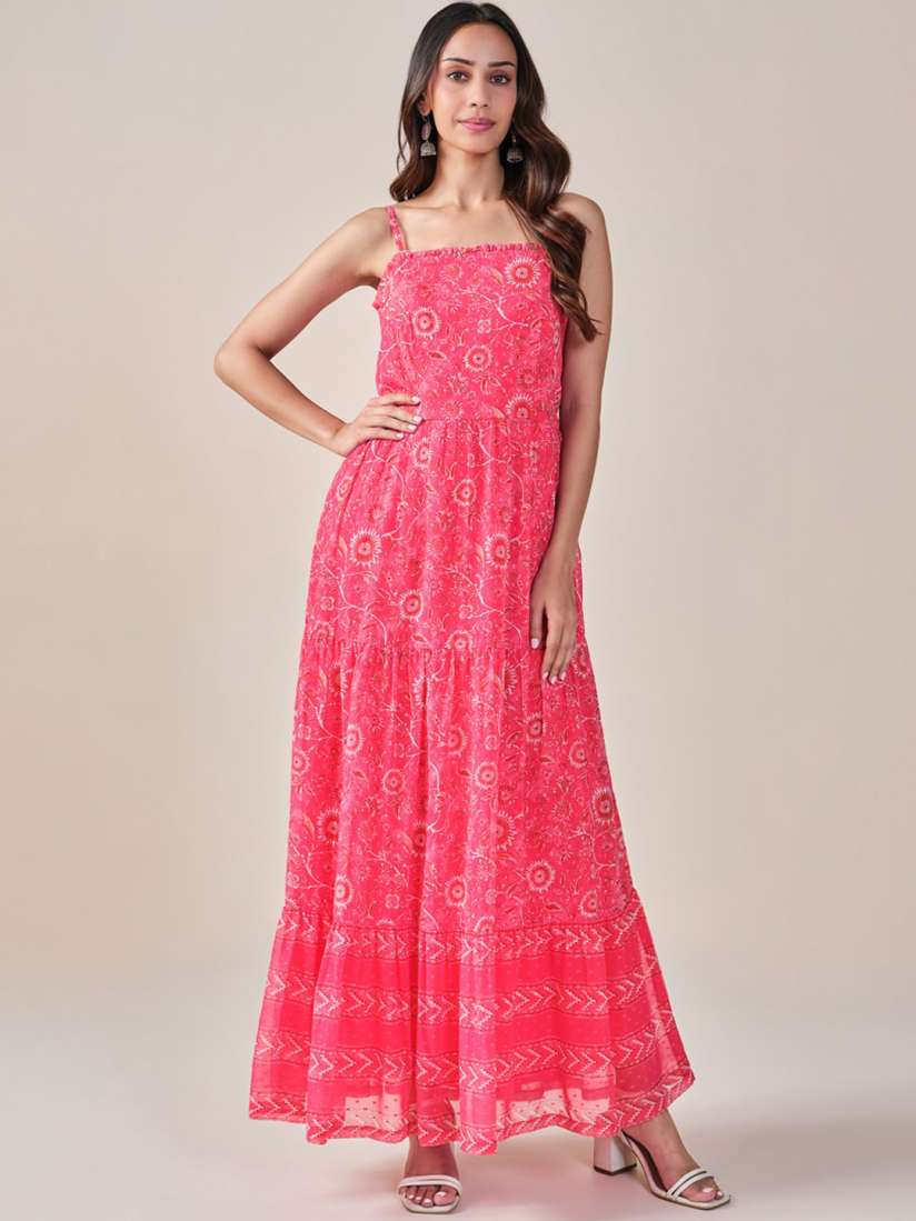Buy Global Desi Floral Printed Shoulder Straps Flared Tiered Ethnic Maxi Gown Dress Ethnic Dresses for Women 29183248 Myntra