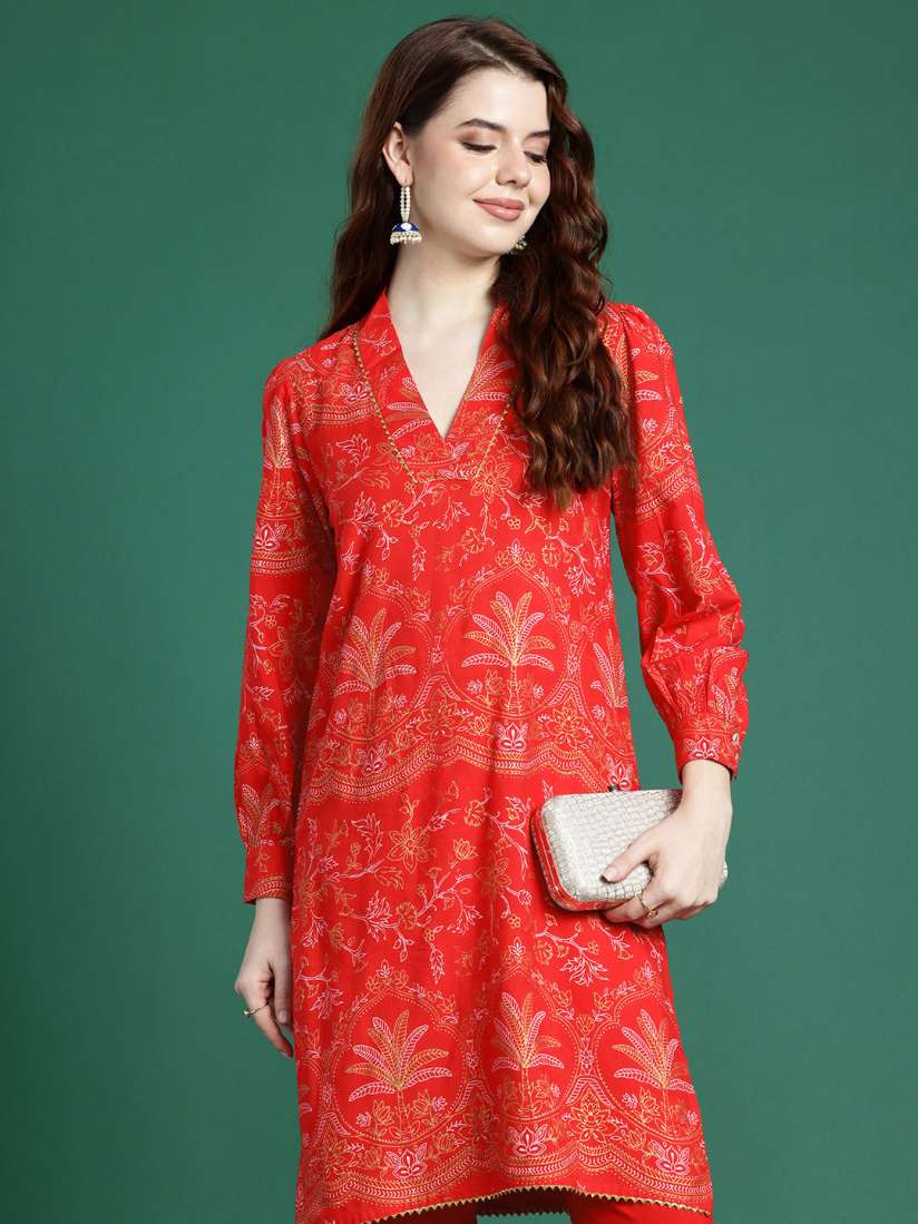 Buy Sangria Floral Printed V Neck Cuffed Sleeves Regular Gotta Patti Kurta with Trousers Kurta Sets for Women 29200188 Myntra