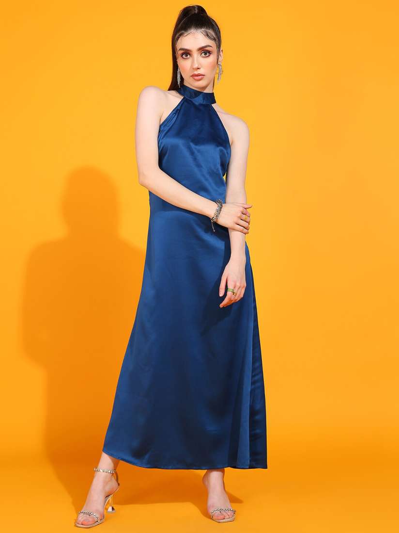 Buy DODO MOA Blue Mock Neck Satin Maxi Casual Dress Dresses for Women 29227818 Myntra