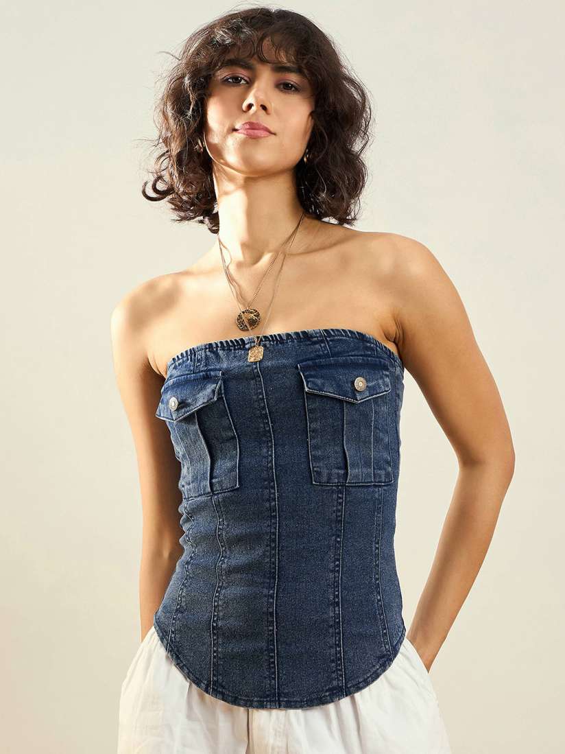 Buy SASSAFRAS Blue Strapless Cotton Denim Tube Top Tops for Women 29233636 Myntra