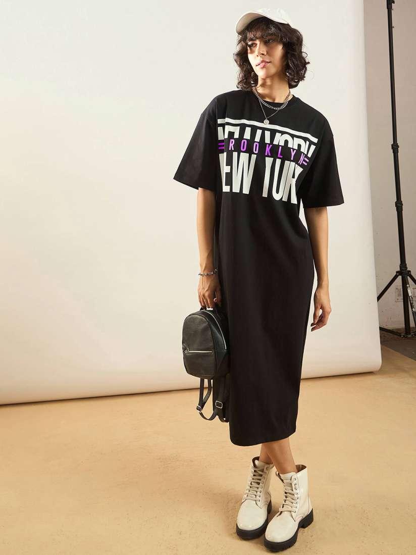 Buy SASSAFRAS Black Typography Printed T shirt Midi Dress Dresses for Women 29233642 Myntra