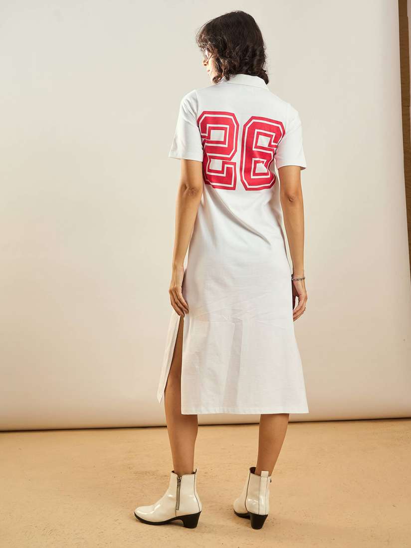 Buy SASSAFRAS White Typography Printed Shirt Collar Cotton T shirt Midi Dress Dresses for Women 29247730 Myntra