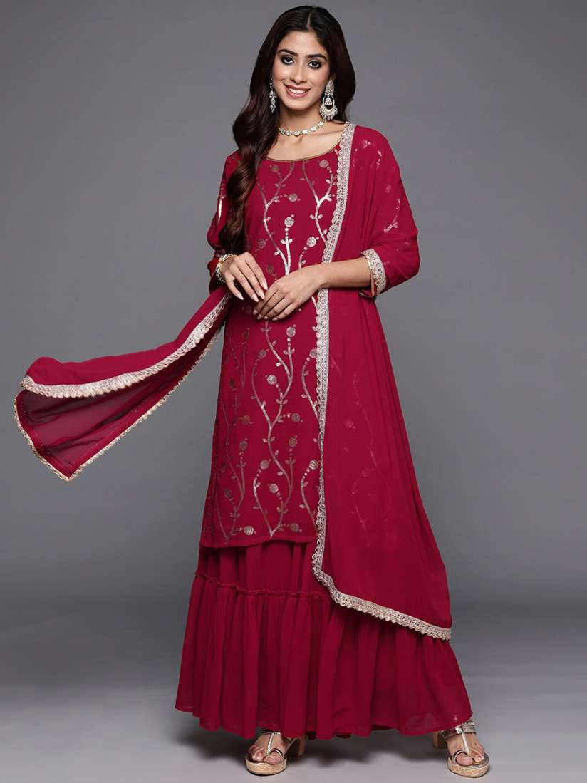 Buy Indo Era Floral Embroidered Sequinned Georgette Straight Kurta with Sharara With Dupatta Kurta Sets for Women 29261388 Myntra