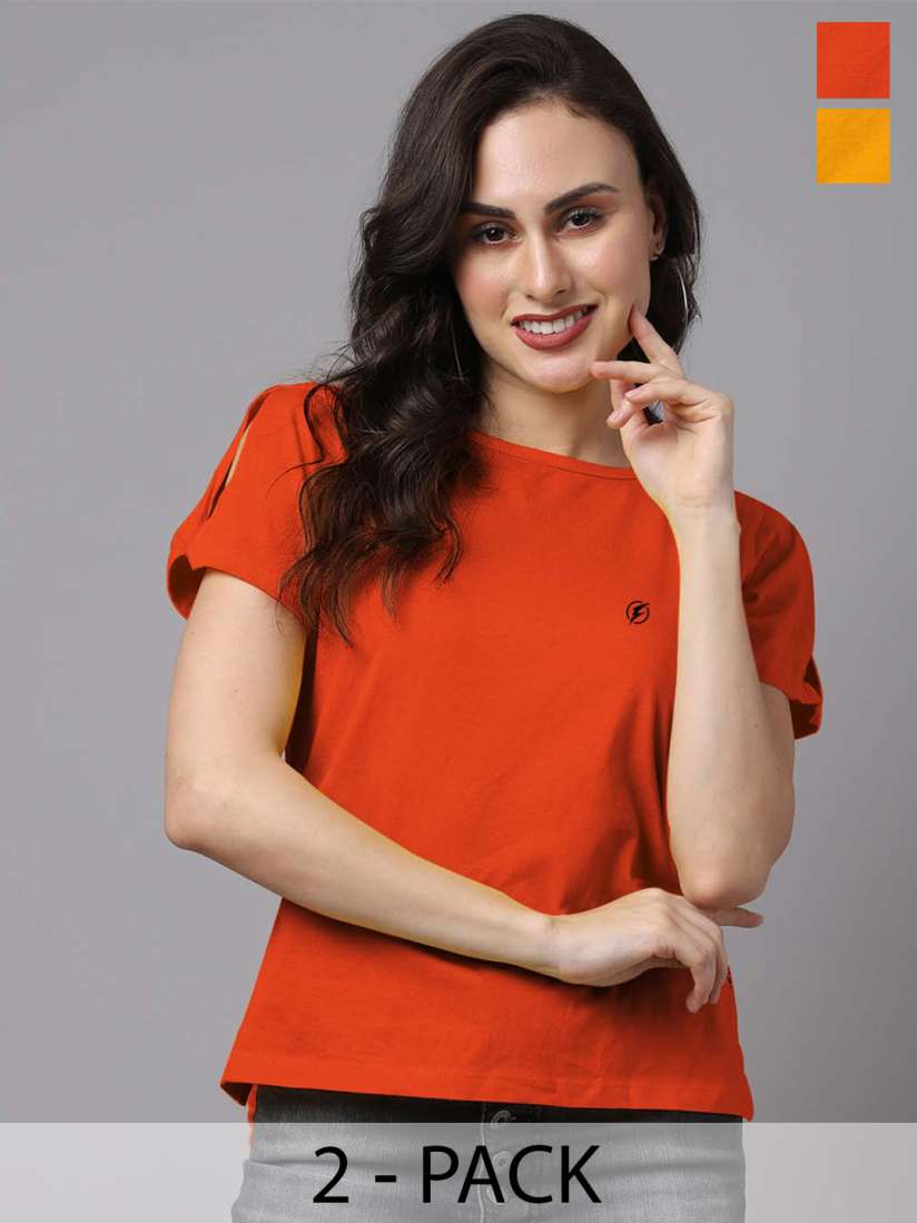 Buy Friskers Pack Of 2 Solid Round Neck Slit Sleeves Cotton Casual Tops Tops for Women 29296302 Myntra