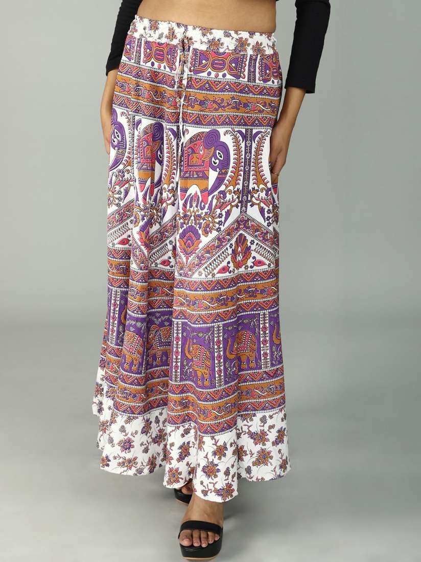 Buy Exotic India Pure Cotton Sanganeri Long Skirt with All Over Floral Elephant Printed Motifs Skirts for Women 29298866 Myntra