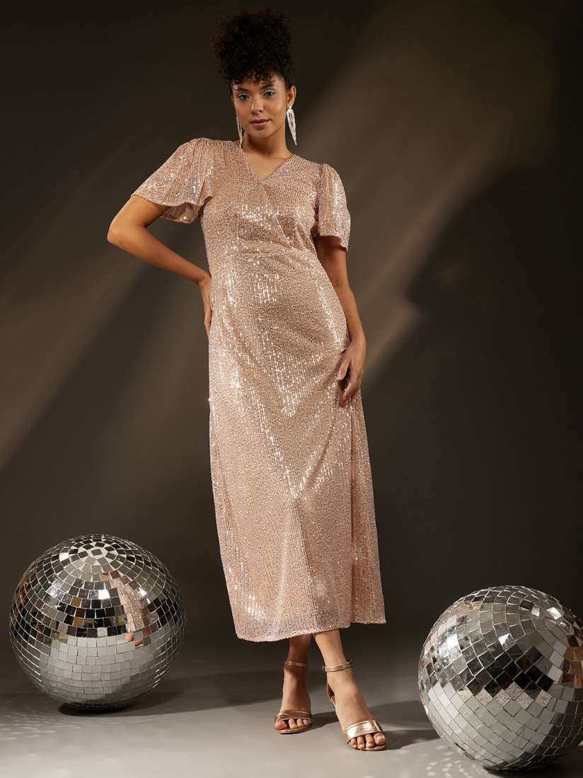Buy ATRAENTA Embellished Sequined V Neck Bell Sleeves Maxi Party Dress Dresses for Women 29303686 Myntra