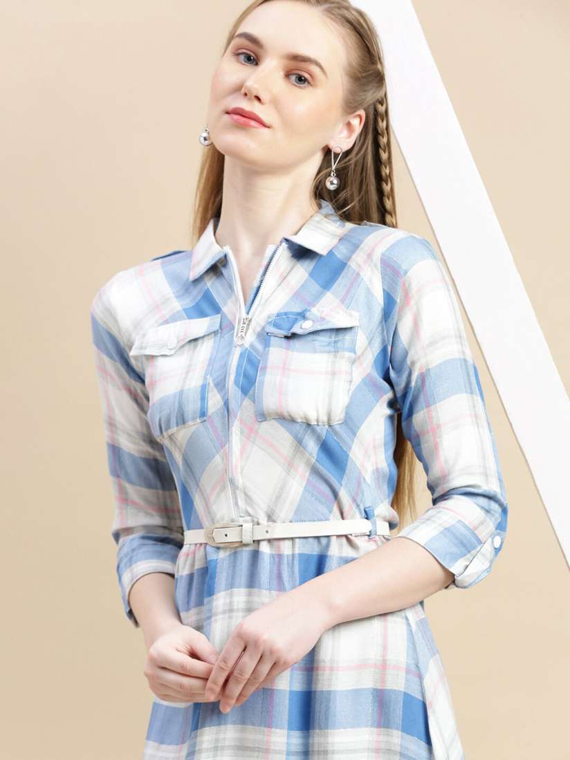 Rolled sleeve checked dress on sale