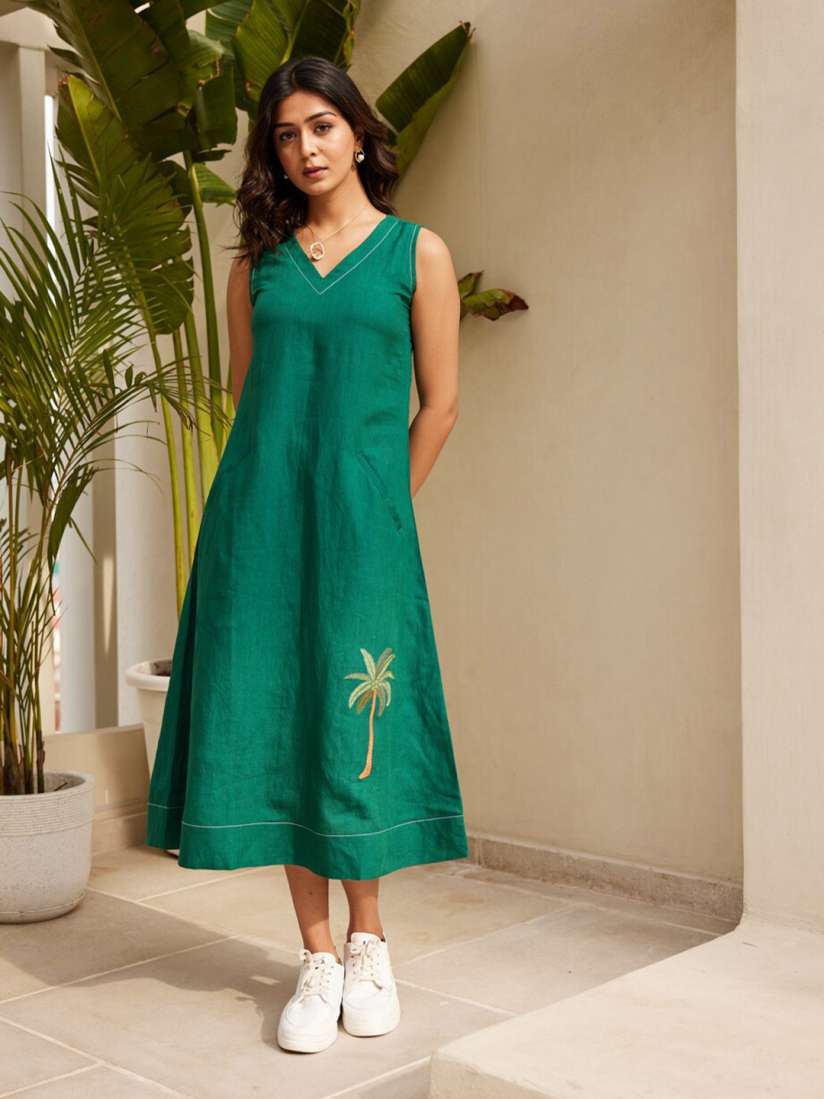 Buy Ambraee Linen V Neck Sleeveless A Line Midi Casual Dress Dresses for Women 29347488 Myntra