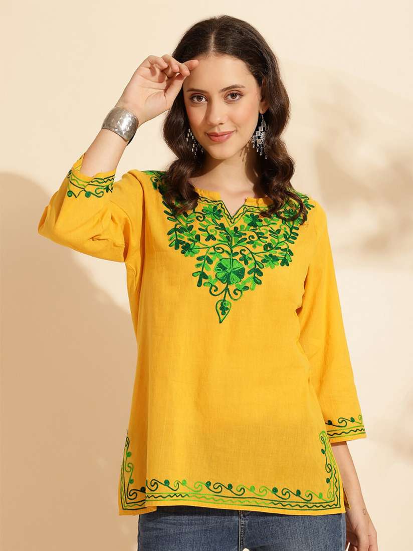 Buy QUEENLEY Floral Embroidered Notch Neck Pure Cotton Straight Kurti Kurtis for Women 29347760 Myntra